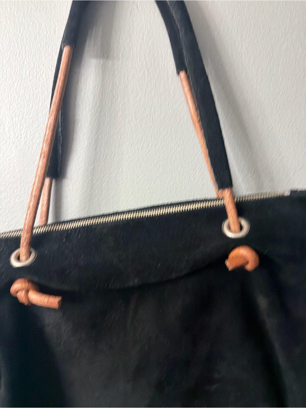 Dean Black Suede Tote Bag with Tan Handle Accents - Picture 7 of 11